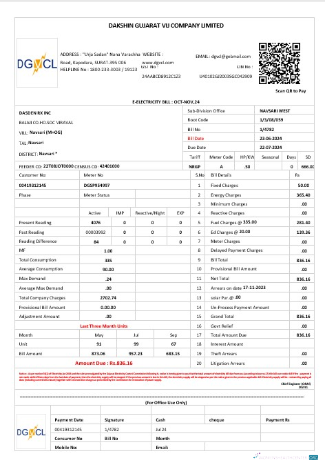Download INDIA DGVCL business utility bill Word and PDF template Photoshop template